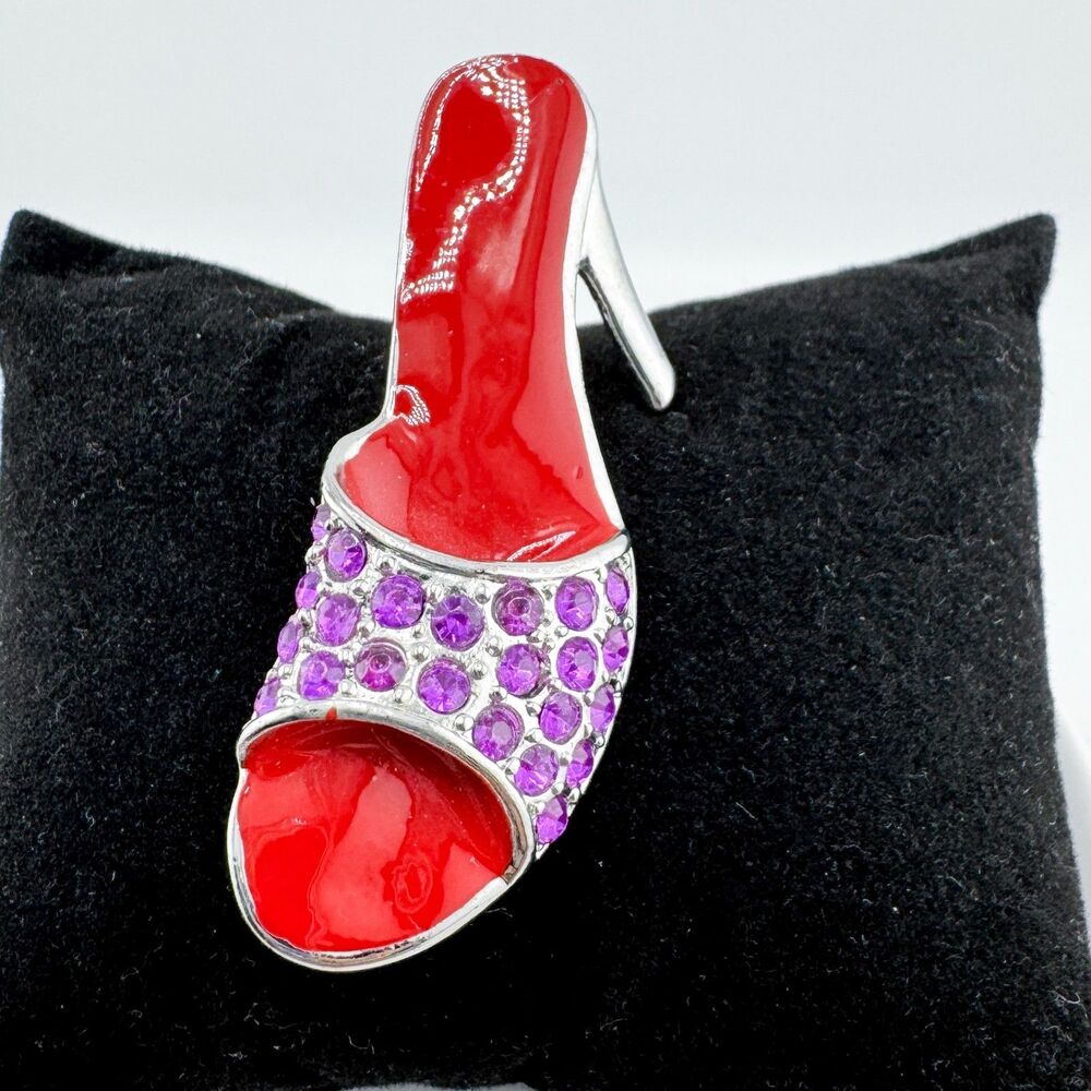 Vintage Red Hat Society Brooch – Rhinestone High Heel Pin Purple & Red Glam